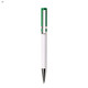 A plastic pen in white with green accents and a silver clip. The pen features a logo on its body.
