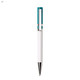 A plastic pen featuring a white body and a teal finial, with a metallic clip and tip. It has a logo on its body.