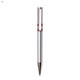 A plastic pen in silver with red accents and a shiny silver clip, featuring a logo on the barrel.