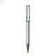 A silver plastic pen with a green accent and a cut-out design at the top. It features a chrome tip and has a logo.