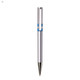 A silver plastic pen with a blue accent and a stylish cut-out design, featuring a metal nib.