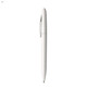 A white plastic pen with a sleek design and a clip, featuring a logo on the body.