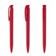 A set of red plastic pens displayed from different angles, featuring a clip and a smooth design. Branding is present.