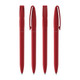 Four red plastic pens with clips, featuring a sleek design. The pens have a uniform colour and a logo on each.