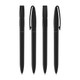 Four black plastic pens arranged side by side, featuring a sleek design and clips for easy attachment.