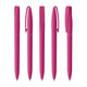Five pink plastic pens arranged in a row, each with a clip and a branding logo on the barrel.