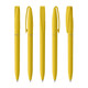 A collection of five yellow plastic pens with a clip, featuring a branding logo on each pen.