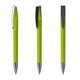 A green metal pen with a shiny silver tip and a clip, featuring a sleek design. Includes branding on the barrel.