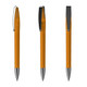 A metal pen in orange with a chrome clip and tip, displayed from three different angles.