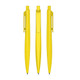Three yellow plastic pens are displayed from different angles, featuring a simple design and a clip on each pen.
