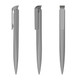 A grey plastic pen with a sleek design, featuring a clip and a textured grip. It has a branding logo on the side.