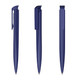 A set of three plastic pens in a deep navy blue, showing different angles and featuring a logo.