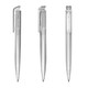 A transparent plastic pen with a sleek design, featuring a clip and a distinctive pattern on the barrel.