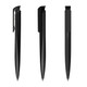 A sleek black plastic pen with a stylish design, featuring a logo and a curved clip.