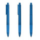 A set of three transparent blue plastic pens with clip and retractable tips, featuring a branding logo.