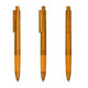 Three transparent orange plastic pens displayed from different angles, showcasing their design and clip feature.