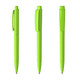 Three bright green plastic pens arranged in different positions, featuring a logo on one of the pens.