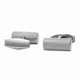 A pair of silver cufflinks with a textured design and branding. Circular and rectangular shapes featured.