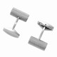 A pair of silver cufflinks with a textured design and a branding logo.