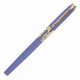 A bright blue rollerball pen with a silver decorative clip and detailing.