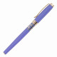 A bright blue rollerball pen with a decorative silver clip and detailing.