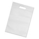 A white tote bag with a handle, featuring a smooth surface and stitching details. It has a simple design and includes branding.