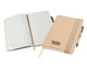 A large A5 natural notepad with lined pages, a beige cover, and an elastic band, accompanied by a pen.