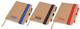 Three Enviro Notepads in brown with coloured elastic bands: blue, black, and red, each featuring a pen.