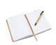 A notepad with lined pages and a tan cover, accompanied by a black pen. The notepad has a logo.