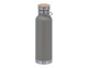 A drink bottle featuring a grey body, wooden lid, and stainless steel base, with a logo on the side.