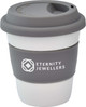 A reusable ceramic mug in white and grey, featuring a silicone lid and grip band, with a logo on the side.