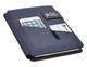A dark blue hands-free A5 portfolio featuring a phone pocket and a business card slot, with a logo on the front.
