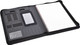 A black A4 zip portfolio with organised pockets for cards and a lined notebook. Includes a clear pocket and elastic straps.