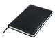 A black A5 notebook with a textured cover and a ribbon bookmark. The pages are white and unmarked.