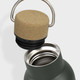 A drink bottle in green with a cork and metal cap, showing the open lid and interior. It has a branded logo.