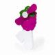 A novelty fan shaped like a raspberry, featuring a pink body and green accents. It has a white handle and a logo.