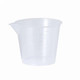 A clear plastic measuring cup with a spout and measurement markings. It features a simple design and has a logo.