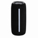 A black speaker with a textured finish and an illuminated strip, featuring a logo.