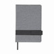 A grey notepad with a textured cover and a black elastic band closure. It includes a ribbon bookmark and has a logo.