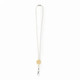 A lanyard in white with a circular attachment and a metal clip, featuring a logo.