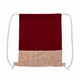 A drawstring bag featuring a maroon cotton top and a jute bottom, complete with white drawstrings.
