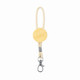 A keyring featuring a wooden circular pendant, attached to a cream-coloured strap with a metal clip.