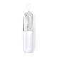 A white charging cable neatly stored in a transparent case, featuring a loop for easy attachment.