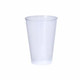A clear plastic cup with a tapered design, featuring a logo on the surface.