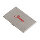 A stainless steel business card holder with a red logo, featuring a sleek and polished finish.
