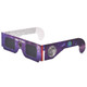 Custom solar eclipse glasses with a purple galaxy design, featuring black lenses and a logo on the side.