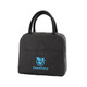 A black cooler lunch bag with dual handles and a logo on the front.