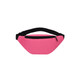 A pink bum bag with a black strap and zipper, featuring a single exterior pocket.