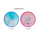 A foldable fan featuring a blue side and a pink side with fruit and summer-themed designs. Includes a logo.