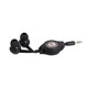 A pair of retractable black earbuds with a coiled cable and a 3.5mm jack, featuring a circular logo.